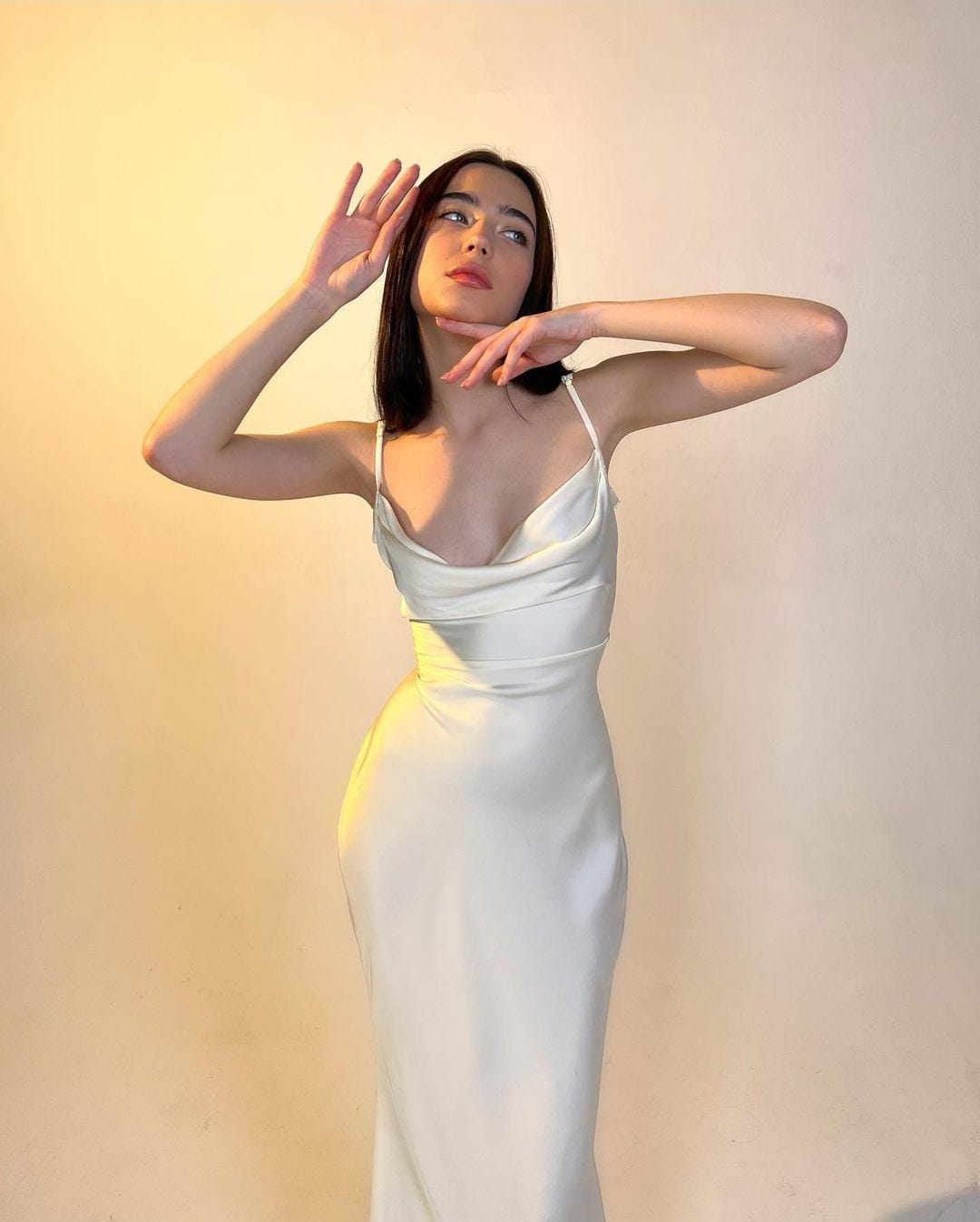 ANAISA Asymmetric Ruched Midi Dress in Ivory - Veer Clothing
